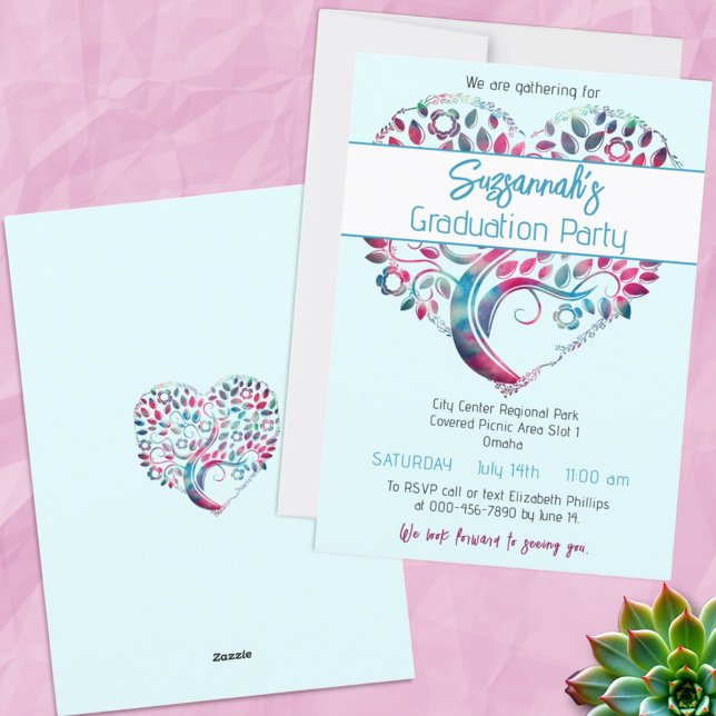 Farbenfrohe Herz-Shaped Tree Graduation Party Einladung (front and back of template invitation)