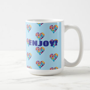 Farbenfrohe Herzdesign, Blau, Genießen! Kaffeetasse
