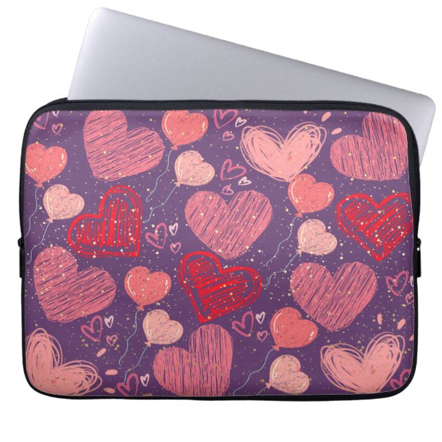 Farbenfrohe Herzen auf lila Muster Laptopschutzhülle (Vorderseite)