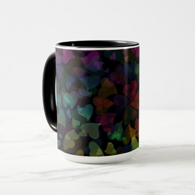 Farbenfrohe Herzen auf schwarz Tasse (Vorderseite Links)