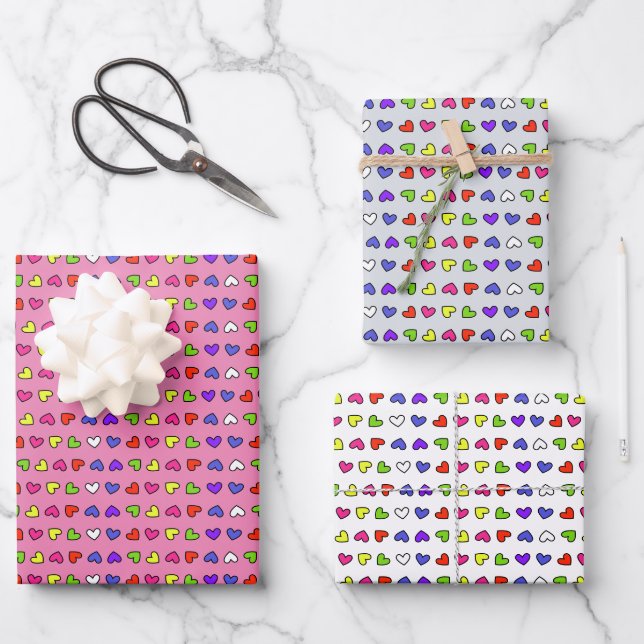 Farbenfrohe Herzen Geschenkpapier Set (Vorderseite)