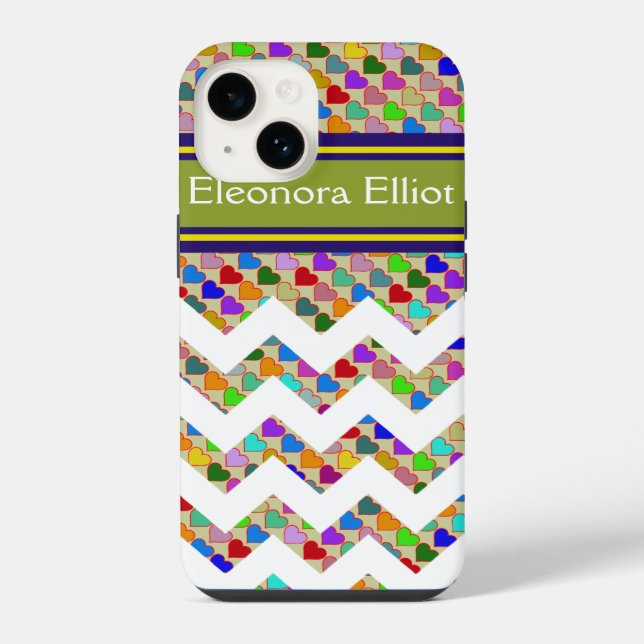 Farbenfrohe Herzen mit Chevron und Monogramm iPhone Hülle (Rückseite)