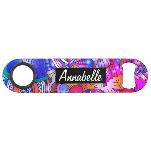 Farbenfrohe Herzen und Blume Abstrakt Personalisie Speed Flaschenöffner (Vorderseite (Horizontal))