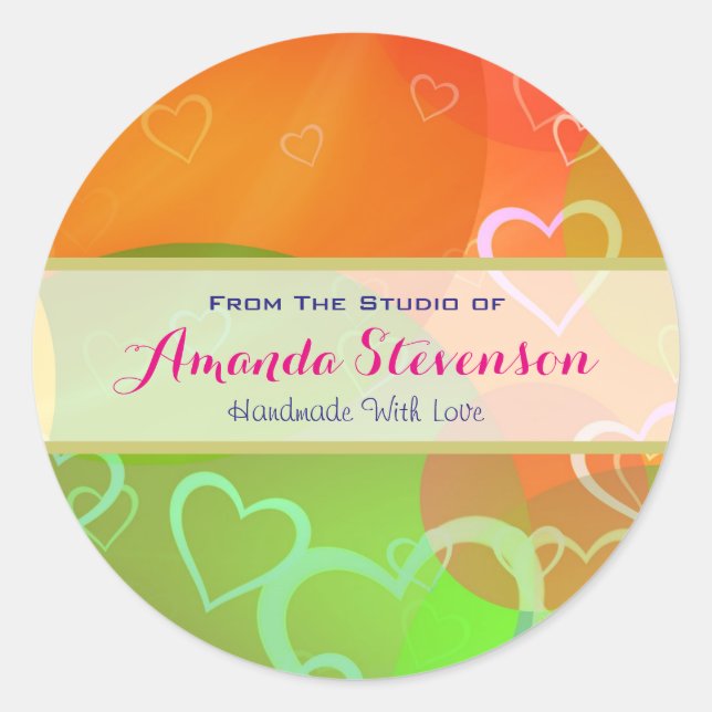 Farbenfrohe Herzstücke handgefertigt mit Liebe Runder Aufkleber (Vorderseite)