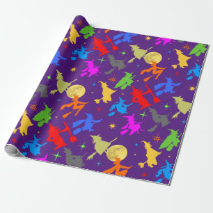 Farbenfrohe Hexen im Flug. Halloween Pattern Geschenkpapier