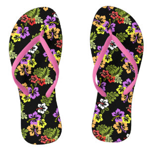 Farbenfrohe Hibiskus-Blume in Schwarz Flip Flops