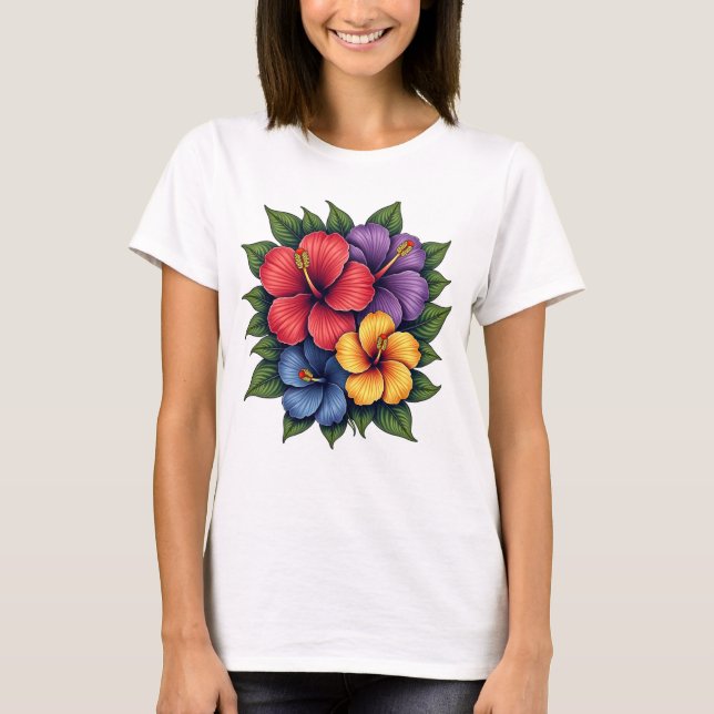Farbenfrohe Hibiskus Blume T - Shirt (Vorderseite)