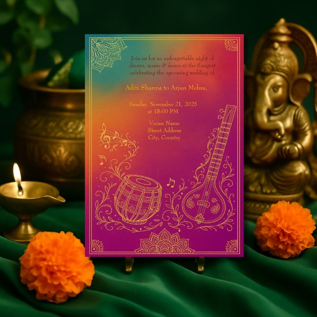 Farbenfrohe Hindu Sangeet Mandala und Musikinstrum Einladung (Von Creator hochgeladen)