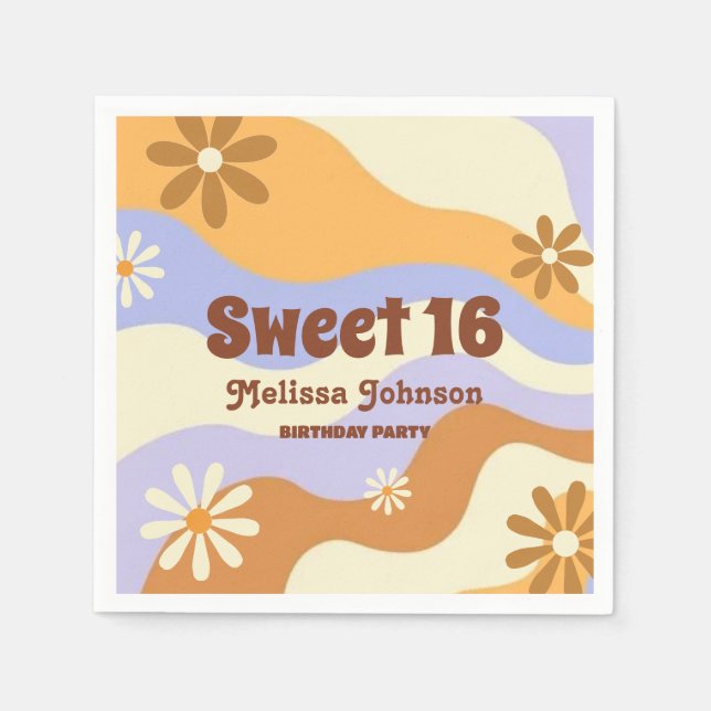 Farbenfrohe Hippie Blume Retro Groovy Sweet 16 Serviette (Vorderseite)
