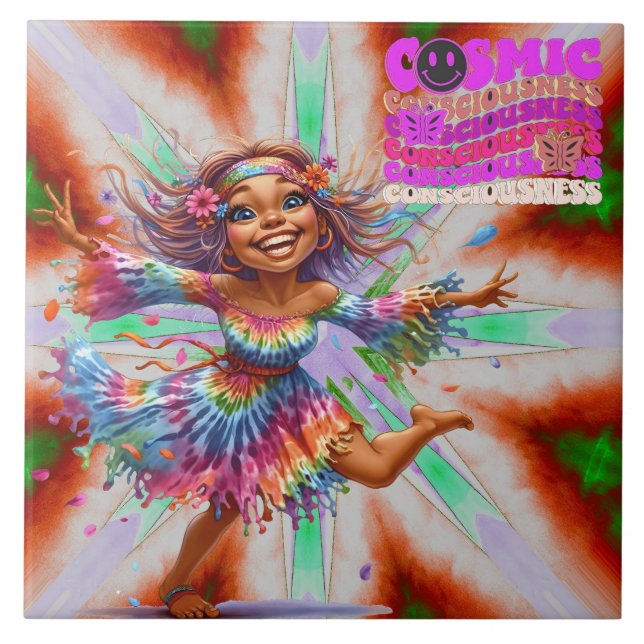 Farbenfrohe Hippie Chic Kosmische Keramik Tile Fliese (Vorderseite)