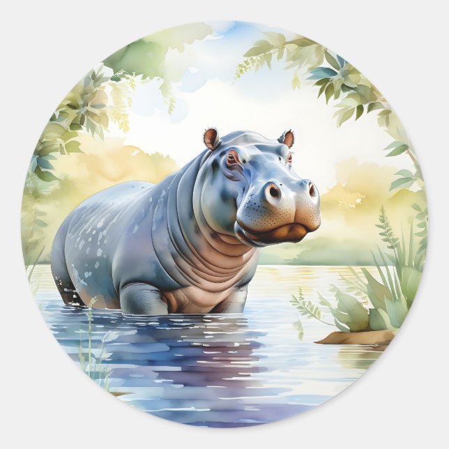 Farbenfrohe Hippopotamus Wasserfarbe Runder Aufkleber (Vorderseite)