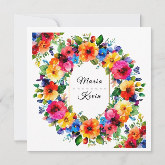 Farbenfrohe Hochzeit Blumenreath Einladung (Vorderseite)