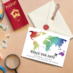 Farbenfrohe Hochzeit in Urlaubsort der Weltkarte Save The Date
