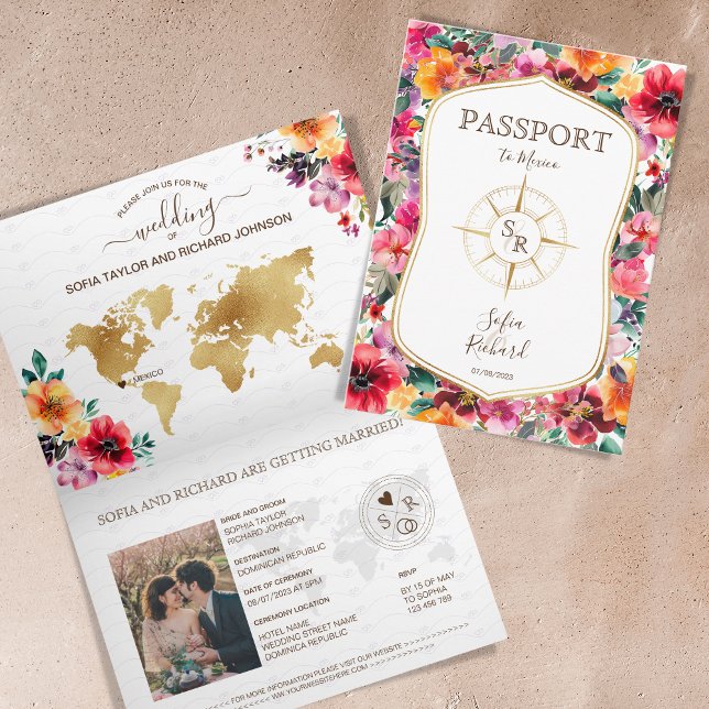 Farbenfrohe Hochzeit in Urlaubsort Einladung (rustic colorful watercolor roses passport invitation)