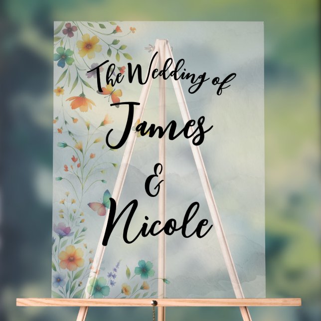 Farbenfrohe Hochzeit mit floralen Butterfly Acrylschild (Neutral)