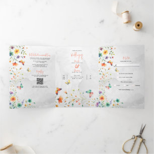 Farbenfrohe Hochzeit mit floralen Butterfly Dreifach Gefaltete Einladung