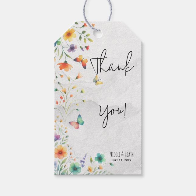 Farbenfrohe Hochzeit mit floralen Butterfly Geschenkanhänger (Vorderseite)