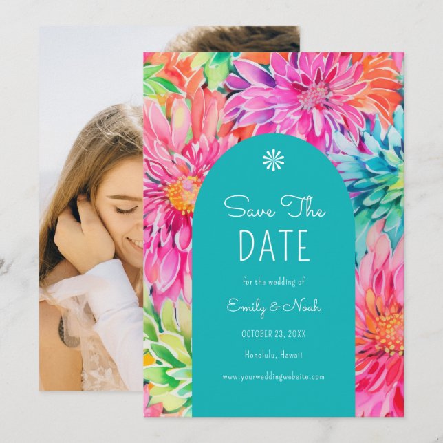 Farbenfrohe Hochzeit mit tropischer Wasserfarbe Save The Date (Vorne/Hinten)