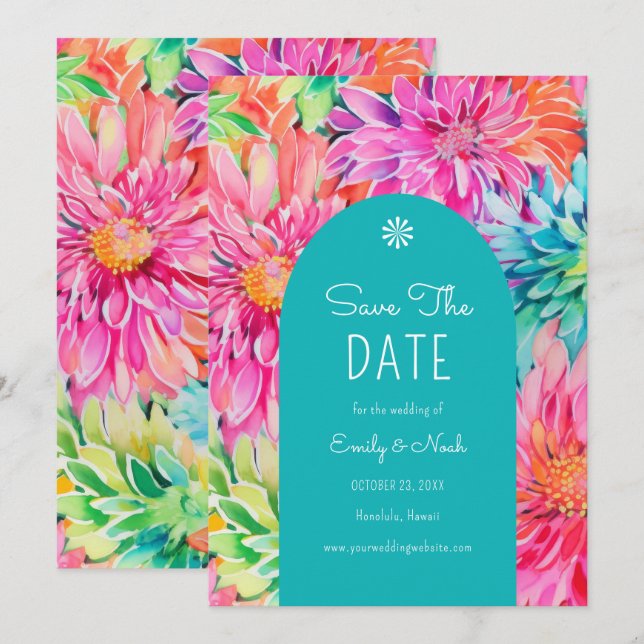Farbenfrohe Hochzeit mit tropischer Wasserfarbe Save The Date (Vorne/Hinten)