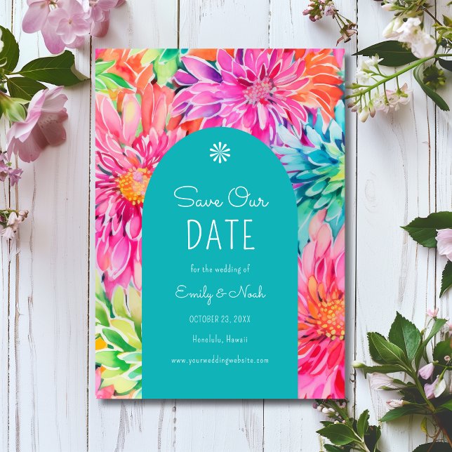 Farbenfrohe Hochzeit mit tropischer Wasserfarbe Save The Date (Von Creator hochgeladen)