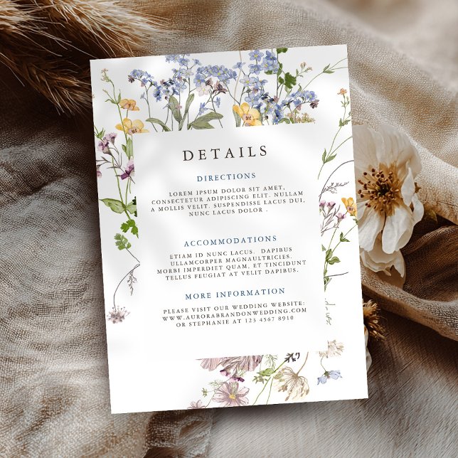 Farbenfrohe Hochzeitsfeier Hochzeitsstunde Details Begleitkarte (Colorful Spring Wildflower Meadow Wedding Details Enclosure Card)
