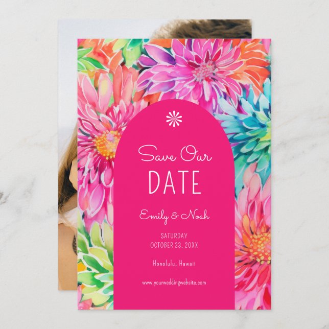 Farbenfrohe Hochzeitsfeier im tropischen Foto Save The Date (Vorne/Hinten)