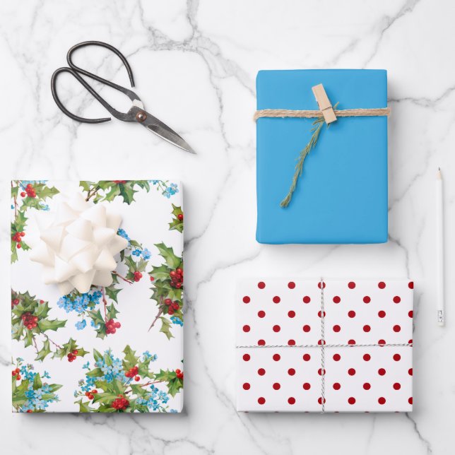 Farbenfrohe Holly-, Vergiss-mir-Nots- und Polka-Pu Geschenkpapier Set (Vorderseite)