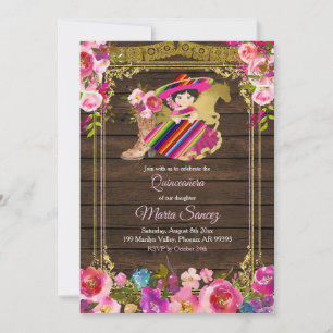 Farbenfrohe Holz Charro Blumenrosa Quinceañera Einladung