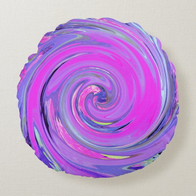 Farbenfrohe Hot Pink und Lila Boho Hippie Swirl Rundes Kissen (Vorderseite)