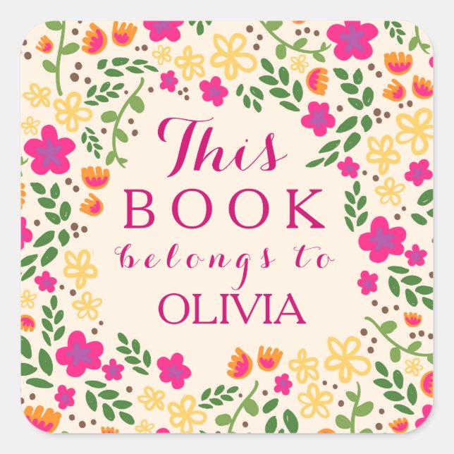 Farbenfrohe Hübsche Blüte Dieses Buch gehört zu Au Quadratischer Aufkleber (Vorderseite)