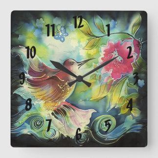 Farbenfrohe Hummingbird Digitale Seidenkunst Quadratische Wanduhr