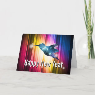 Farbenfrohe Hummingbird Happy New Year Card Feiertagskarte