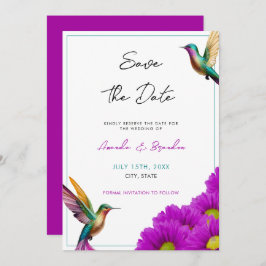 Farbenfrohe Hummingbirds Lila Daisies Wedding Save The Date