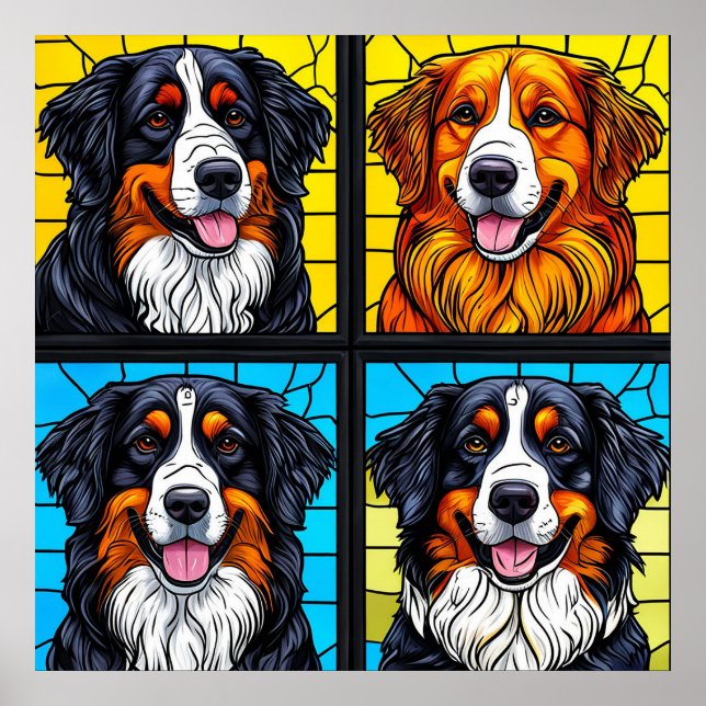 Farbenfrohe Hunde Gestaltete Glas Kunst Poster (Vorne)