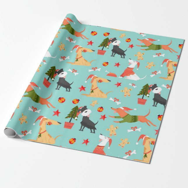 Farbenfrohe Hunde Weihnachtsmuster Geschenkpapier (Ungerollt)