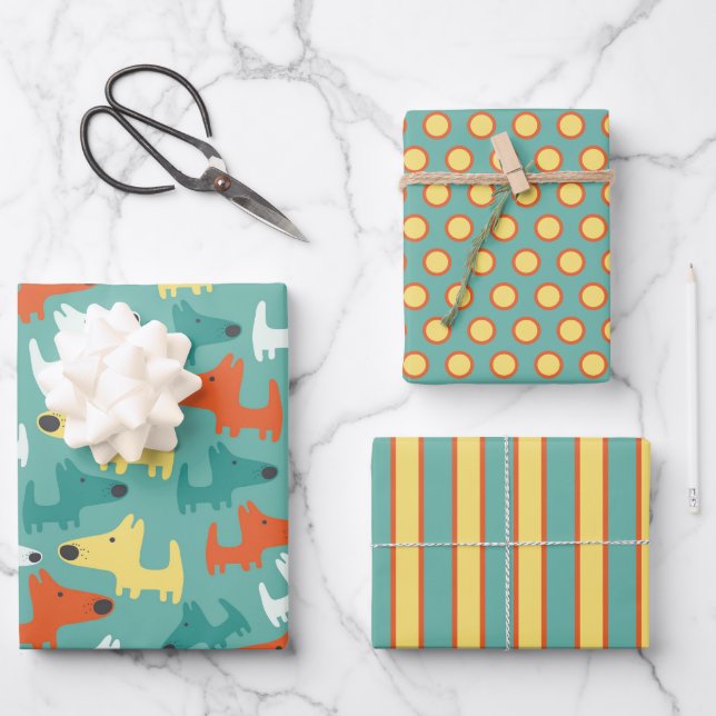 Farbenfrohe Hunde Wrapping Paper Set Geschenkpapier Set (Vorderseite)
