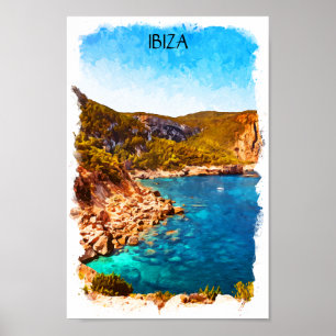 Farbenfrohe Ibiza Spanien Wasserfarbenwelt Landsch Poster