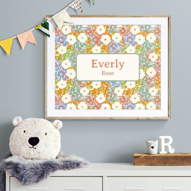 Farbenfrohe Individuelle Name mit Blumenmotiv Chic Poster (Customize name! Shown with white mat and wood frame. (you will receive print only) Thank you!)