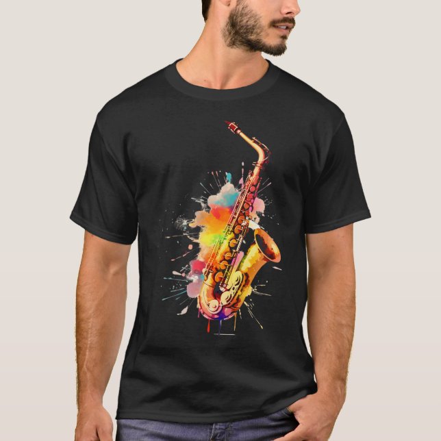 Farbenfrohe Jazz Saxophon Player T-Shirt (Vorderseite)