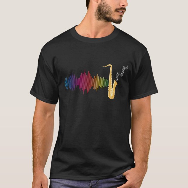Farbenfrohe Jazzmusik Soundwave Saxophon T-Shirt (Vorderseite)