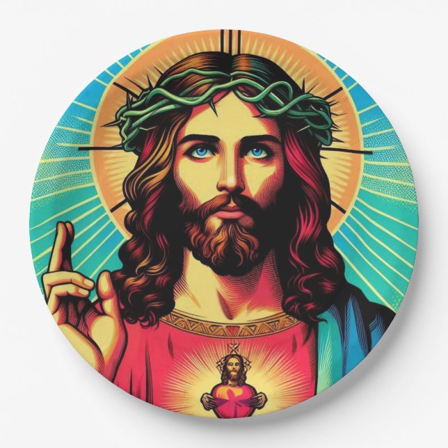 Farbenfrohe Jesus Papiertüte! Pappteller (Vorderseite)