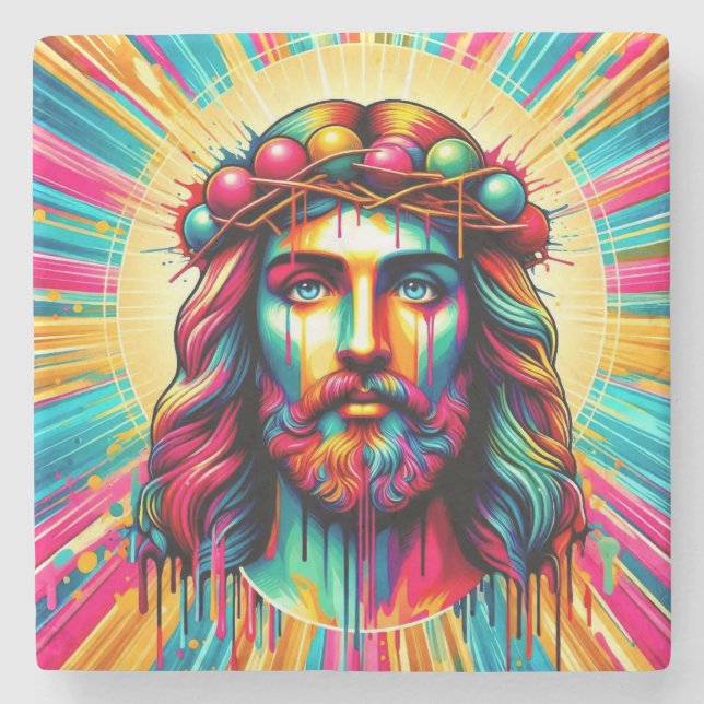 Farbenfrohe Jesus-Untersetzer! Steinuntersetzer (Vorderseite)