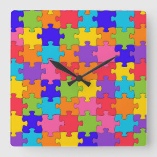 Farbenfrohe Jigsaw Puzzle Pieces Happy Puzzler Quadratische Wanduhr