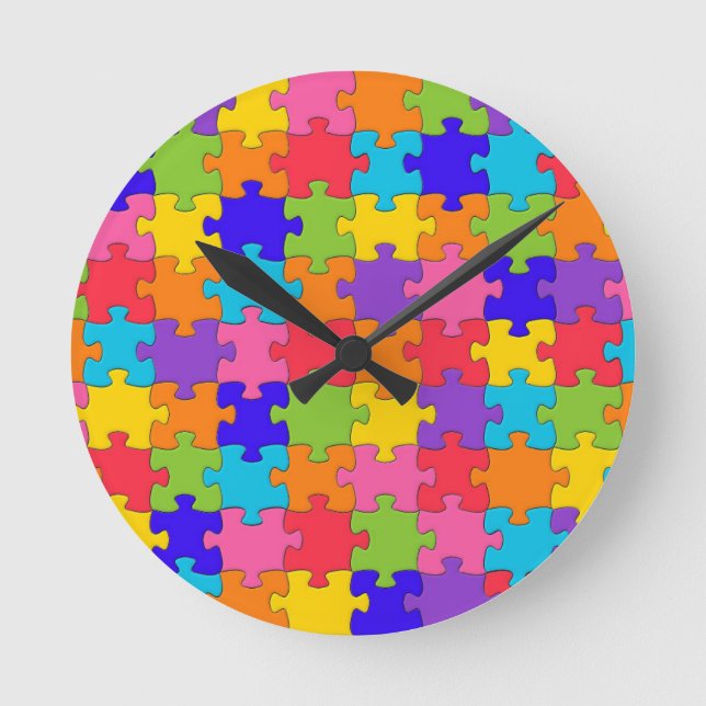 Farbenfrohe Jigsaw Puzzle Pieces Happy Puzzler Runde Wanduhr (Vorderseite)