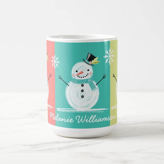 Farbenfrohe Jolly Snowman Weihnachtslandschaft Kaffeetasse (Mittel)