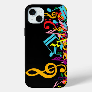 Farbenfrohe Jumbled-Musiknoten auf Schwarz iPhone 15 Mini Hülle
