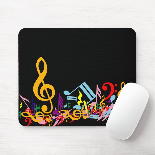 Farbenfrohe Jumbled-Musiknoten auf Schwarz Mousepad (Mit Mouse)