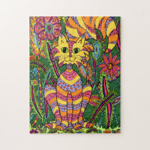 Farbenfrohe Jungle Katze Fun Garten Regenwald Blum Puzzle