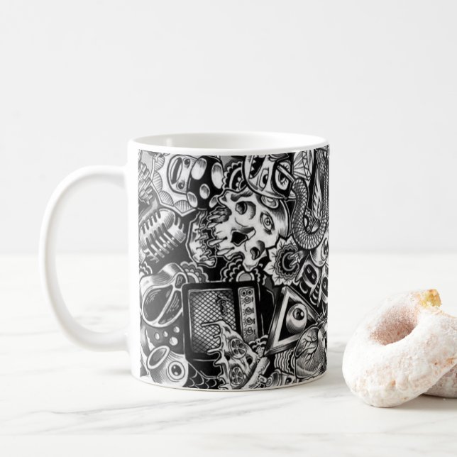 Farbenfrohe Kaffeetasse mit Doodle-Muster | Süße C (Mit Donut)