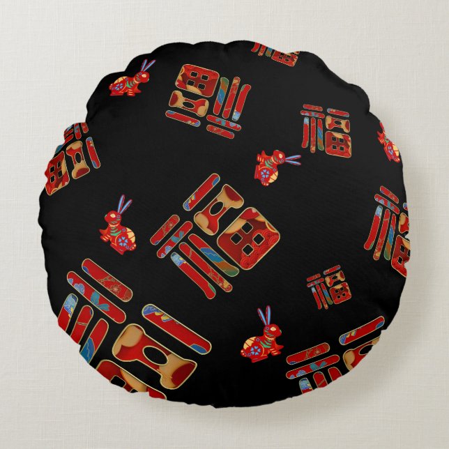 Farbenfrohe Kaninchen 福 Segnungen Lunar Neues Jahr Rundes Kissen (Vorderseite)